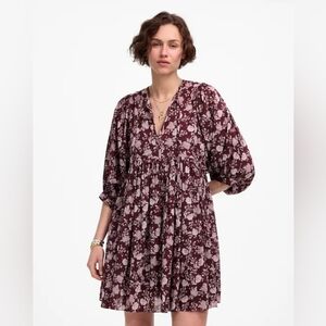 Madewell Splitneck Puff-Sleeve Mini Dress - Olivia Floral Dark Fig